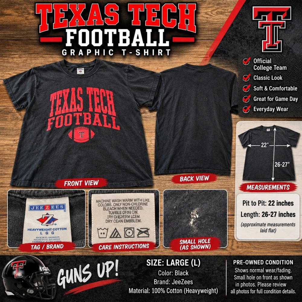Jerzees Texas Tech Football Graphic T-Shirt Black Large Heavyweight Cotton Tee